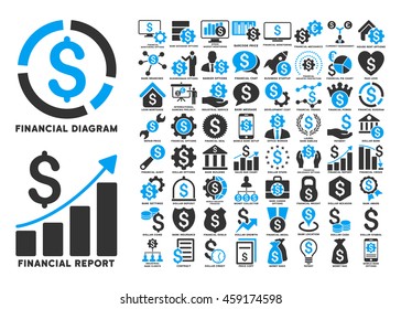 Dollar Finances Flat Vector Icons with Captions. Style is named bicolor blue and gray flat icons isolated on a white background.