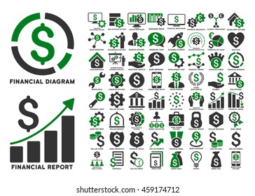Dollar Finances Flat Vector Icons with Captions. Style is named bicolor green and gray flat icons isolated on a white background.
