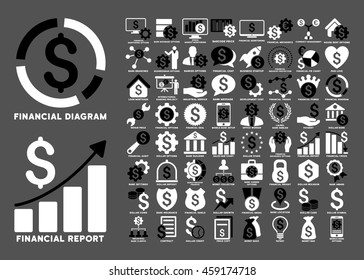 Dollar Finances Flat Vector Icons with Captions. Style is named bicolor black and white flat icons isolated on a gray background.