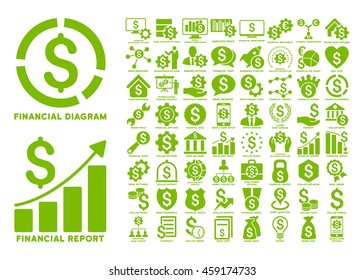 Dollar Finances Flat Vector Icons with Captions. Style is named eco green flat icons isolated on a white background.