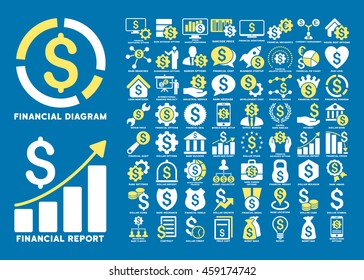 Dollar Finances Flat Vector Icons with Captions. Style is named bicolor yellow and white flat icons isolated on a blue background.