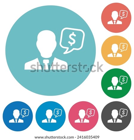 Dollar financial advisor flat white icons on round color backgrounds