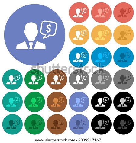 Dollar financial advisor multi colored flat icons on round backgrounds. Included white, light and dark icon variations for hover and active status effects, and bonus shades.