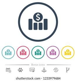 Dollar financial graph flat color icons in round outlines. 6 bonus icons included.