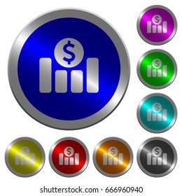 Dollar financial graph icons on round luminous coin-like color steel buttons