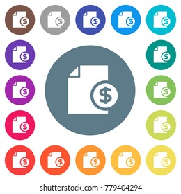 Dollar financial report flat white icons on round color backgrounds. 17 background color variations are included.