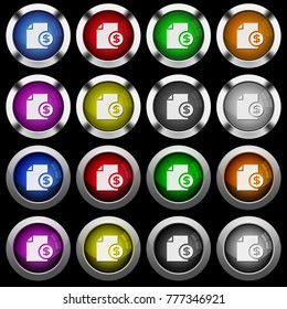 Dollar financial report white icons in round glossy buttons with steel frames on black background. The buttons are in two different styles and eight colors.
