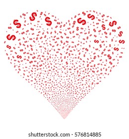 Dollar fireworks with heart shape. Vector illustration style is flat red iconic symbols on a white background. Object salute done from scattered pictograms.