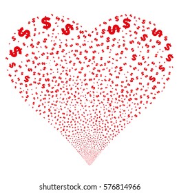 Dollar fireworks with heart shape. Vector illustration style is flat red iconic symbols on a white background. Object stream done from scattered design elements.