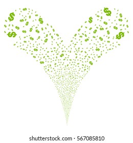Dollar fireworks stream. Vector illustration style is flat eco green iconic symbols on a white background. Object double fountain organized from random icons.