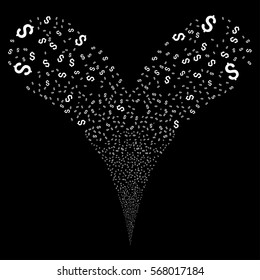 Dollar fireworks stream. Vector illustration style is flat white iconic symbols on a black background. Object double fountain done from random pictographs.