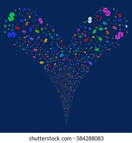 Dollar fireworks stream. Vector illustration style is flat bright multicolored iconic symbols on a blue background. Object double fountain done from random design elements.