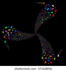 Dollar fireworks swirl rotation. Vector illustration style is flat bright multicolored iconic symbols on a black background. Object twirl constructed from random design elements.