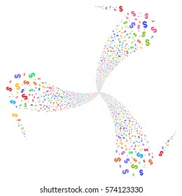 Dollar fireworks swirl rotation. Vector illustration style is flat bright multicolored iconic symbols on a white background. Object whirlpool created from random pictographs.