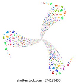Dollar fireworks swirl rotation. Vector illustration style is flat bright multicolored iconic symbols on a white background. Object twirl done from random icons.