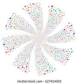 Dollar fireworks swirl rotation. Vector illustration style is flat bright multicolored iconic symbols on a white background. Object twirl constructed from random pictograms.