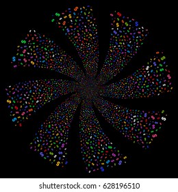 Dollar fireworks swirl rotation. Vector illustration style is flat bright multicolored iconic symbols on a black background. Object flower made from random icons.