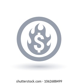 Dollar flame icon in circle outline. Burning money set on fire symbol. Economic recession sign. Vector illustration.