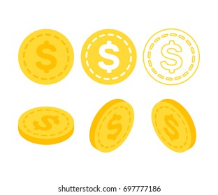 Dollar flat isometric money. Set of icons coins on the isolated white background.