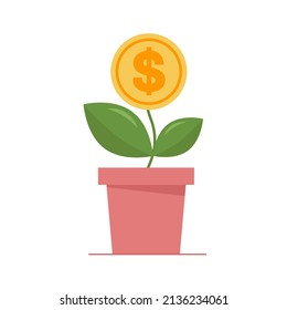 Dollar In Flower Pot. Concept Of Income Growth, Money, Investment. For Advertising Banks, Investment And Brokerage Accounts. Bank, Budget, Finance, Money Savings. Vector Illustration For Flyer, Poster