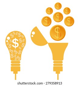 Dollar fly from idea lamp. Success money idea, Open light bulb with dollar coin, Business growing money concept. Vector illustration