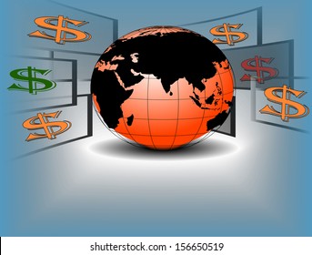 Dollar flying around a world , globe businessman holding , Financial vector illustration.