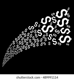 Dollar Fountain Stream vector illustration. Style is white flat dollar symbols, black background.