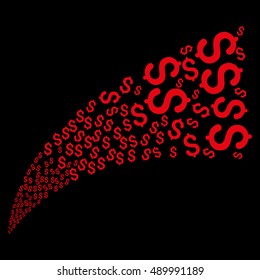 Dollar Fountain Stream vector illustration. Style is red flat dollar symbols, black background.