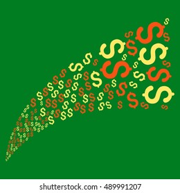 Dollar Fountain Stream vector illustration. Style is orange and yellow bicolor flat dollar symbols, green background.