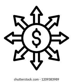 Dollar with four directional arrows, money outflow 