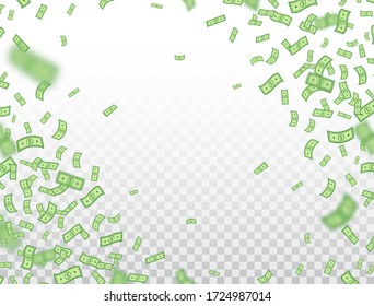 Dollar frame. Banknotes falling on transparent background. Dollars icon explosion. Money in a flat style. Cash sign. Currency collection. Paper bank notes. Jackpot, big win. Vector illustration.