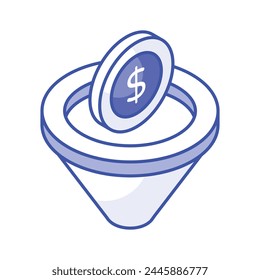 Dollar with funnel, concept of money filter isometric vector