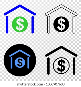 Dollar garage bank EPS vector pictogram with contour, black and colored versions. Illustration style is flat iconic symbol on chess transparent background.
