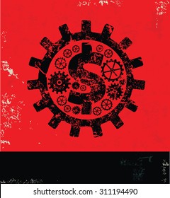 Dollar gear design on red background, grunge vector