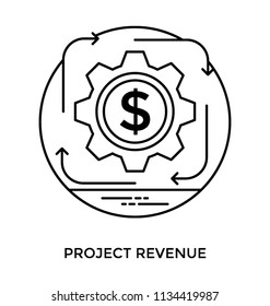 Dollar gear with four arrows moving in clockwise direction, view of project revenue icon 