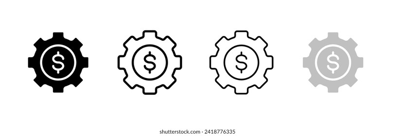 Dollar in gear icon set. Silhouette, linear, and flat style. Vector icons.