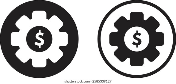 Dollar gears icon set in two styles . Cogwheel with dollar sign . 