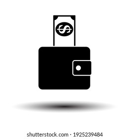 Dollar Get Out From Purse Icon. Black on White Background With Shadow. Vector Illustration.