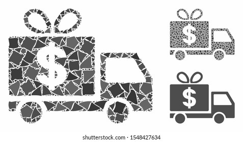 Dollar gift delivery composition of abrupt parts in different sizes and shades, based on dollar gift delivery icon. Vector abrupt dots are organized into composition.