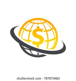 Dollar globe coin icon with swoosh graphic element
