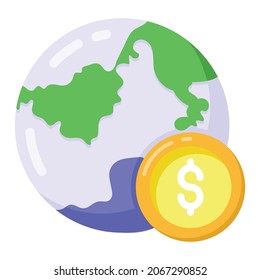 Dollar with globe, flat icon of global money