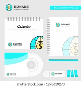 Dollar globe  Logo, Calendar Template, CD Cover, Diary and USB Brand Stationary Package Design Vector Template