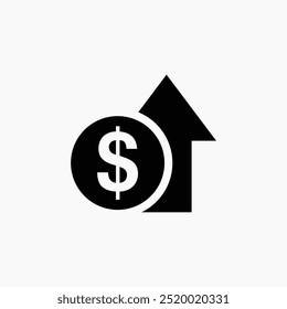 Dollar going up black and white flat vector icon design. Cost rising symbol design and clip art