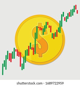 Diseño gráfico de gráficos de monedas de oro en dólares y candelabros. Precio del concepto de moneda en dólares. Ilustración de material vectorial.