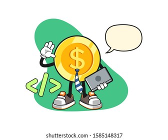 Dollar gold coin developer with speech bubble cartoon. Mascot Character vector.