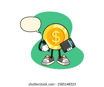 Dollar gold coin graphic designer with speech bubble cartoon. Mascot Character vector.