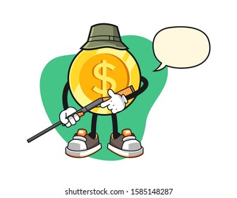 Dollar gold coin hunter with speech bubble cartoon. Mascot Character vector.