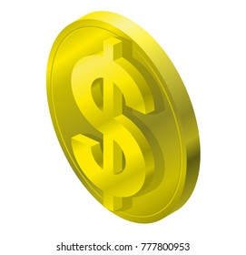 Dollar gold coin in isometric perspective. Modern symbol, cryptocurrency in minimalist gray stylization. Graphic icon of USA currency, investing. Three dimensional buck symbol. Vector illustration.