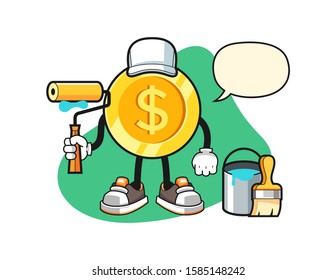 Dollar gold coin painter with speech bubble cartoon. Mascot Character vector.