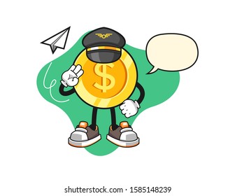 Dollar gold coin pilot with speech bubble cartoon. Mascot Character vector.